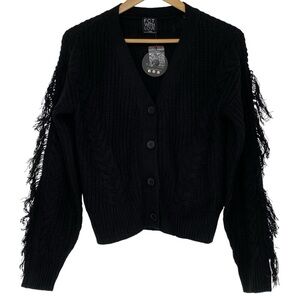 FCT with Love Black Button Front Cardigan Sweater with Fringed Sleeves - NWT